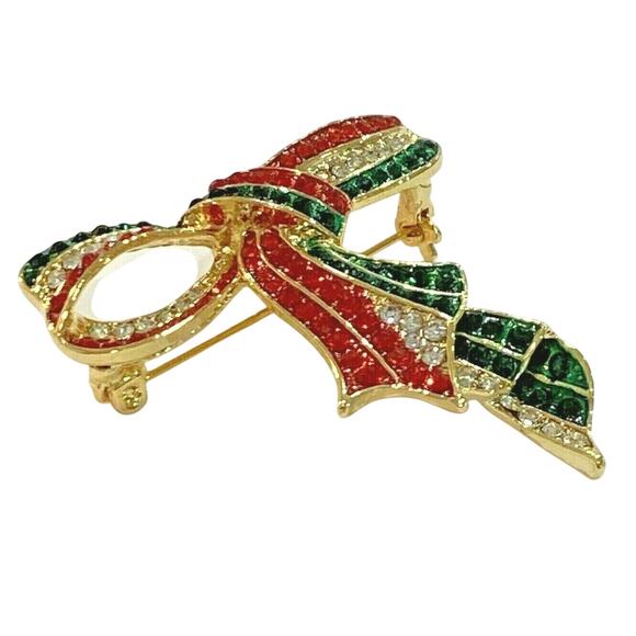 Festive Christmas Brooch Gold Setting Red Green Rhinestones Festive Bow Pendant - Picture 6 of 7